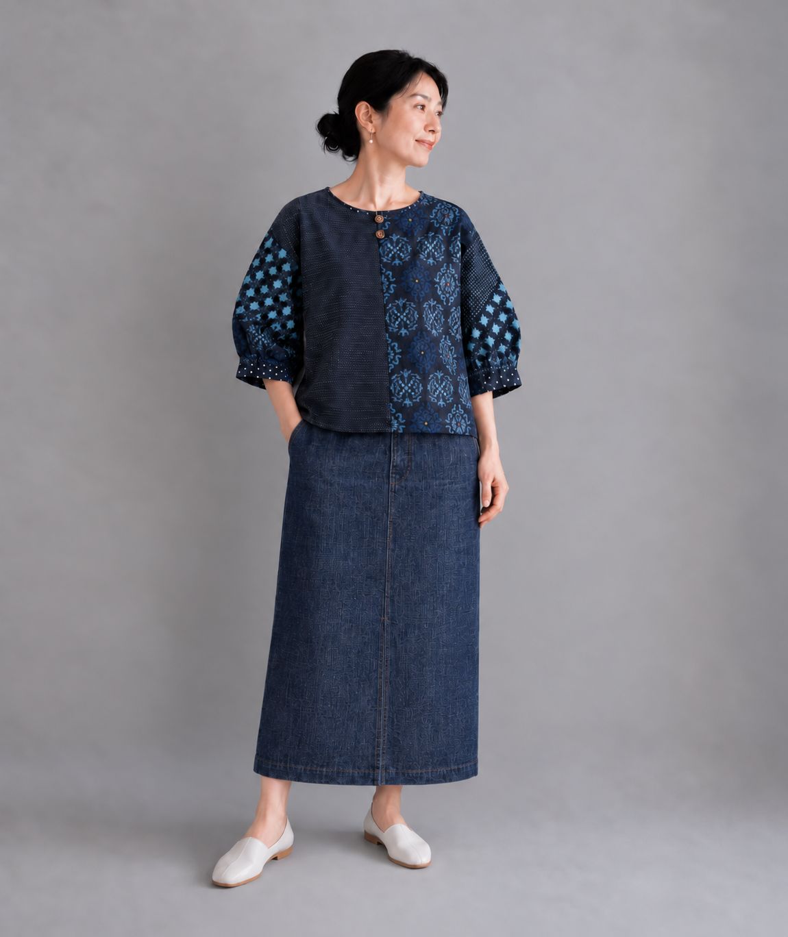 Vintage Kasuri Patchwork Dolman-Sleeve Blouse