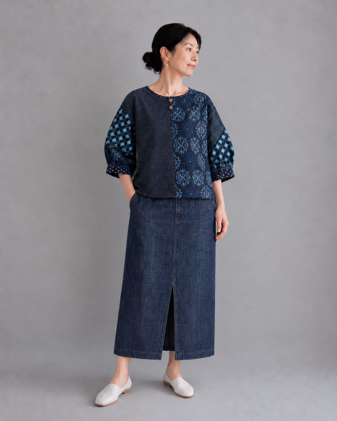 Vintage Kasuri Patchwork Dolman-Sleeve Blouse