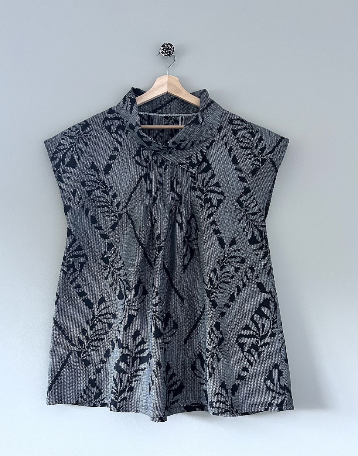 Upcycled Oshima Silk Pintuck Top – Soft Cowl Collar with Leaf Motif