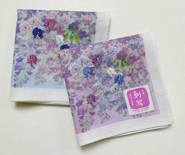Yuzen Embroidered Handkerchief - Wisteria