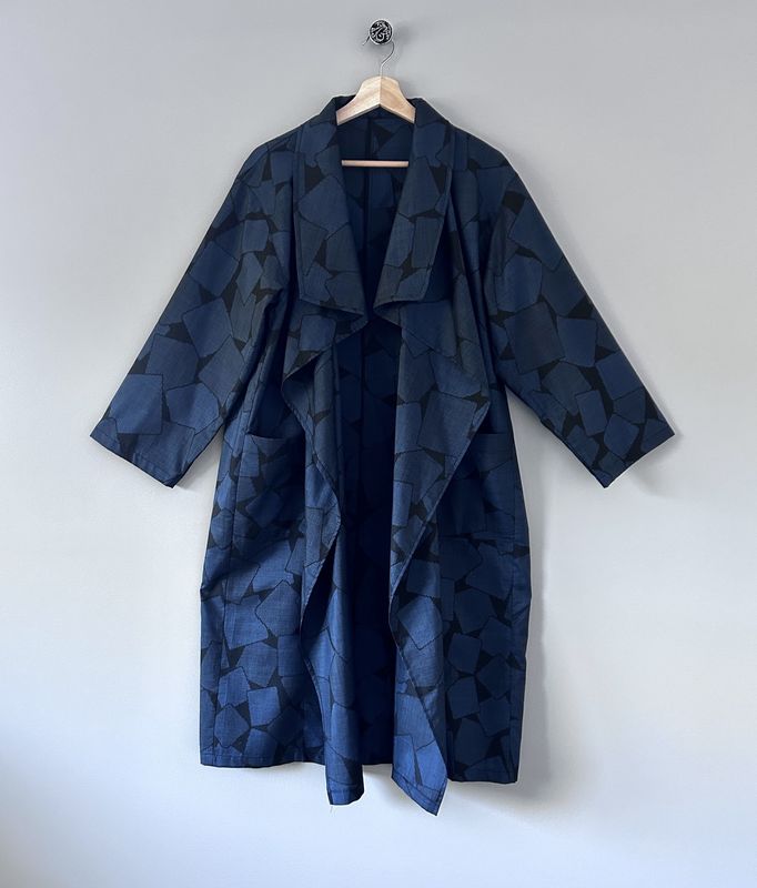 Upcycled Oshima Silk Layering Coat – Indigo Geometric