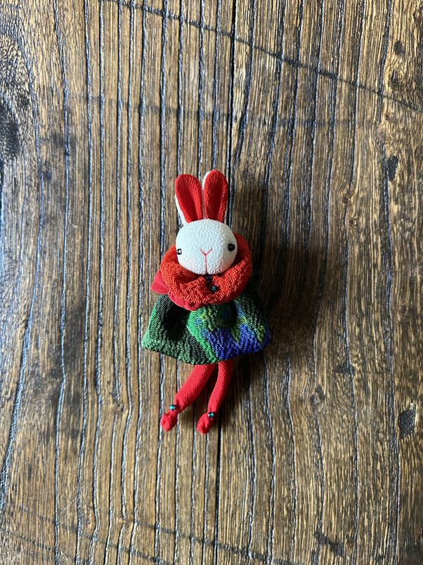 Towa Chirimen Silk Brooch - Rabbit with Red Scarf