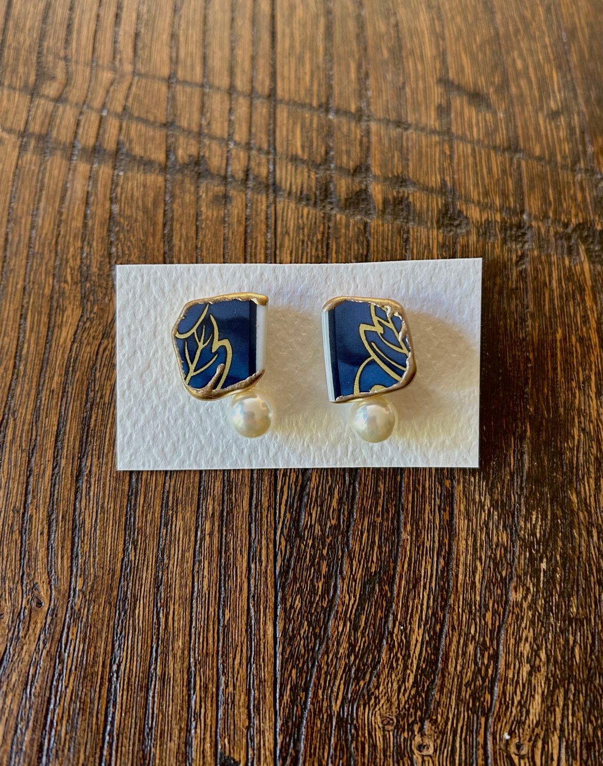 Kintsugi Earrings - Navy Arita Ware &amp; Cotton Pearl