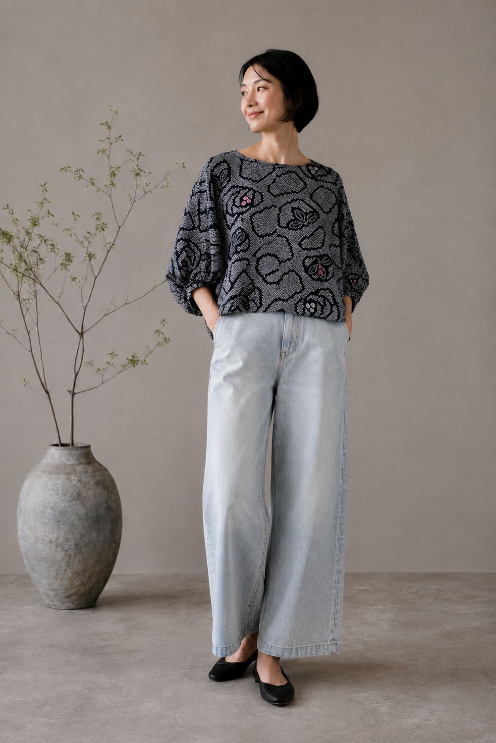 Shibori-Dyed Silk Blouse - Dark Gray Geometric