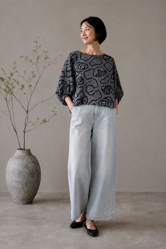 Shibori-Dyed Silk Blouse - Dark Gray Geometric