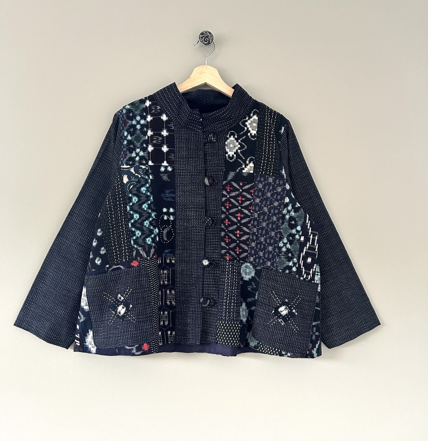 Vintage Kasuri Patchwork Jacket with Sashiko Stitching - Pine Motif