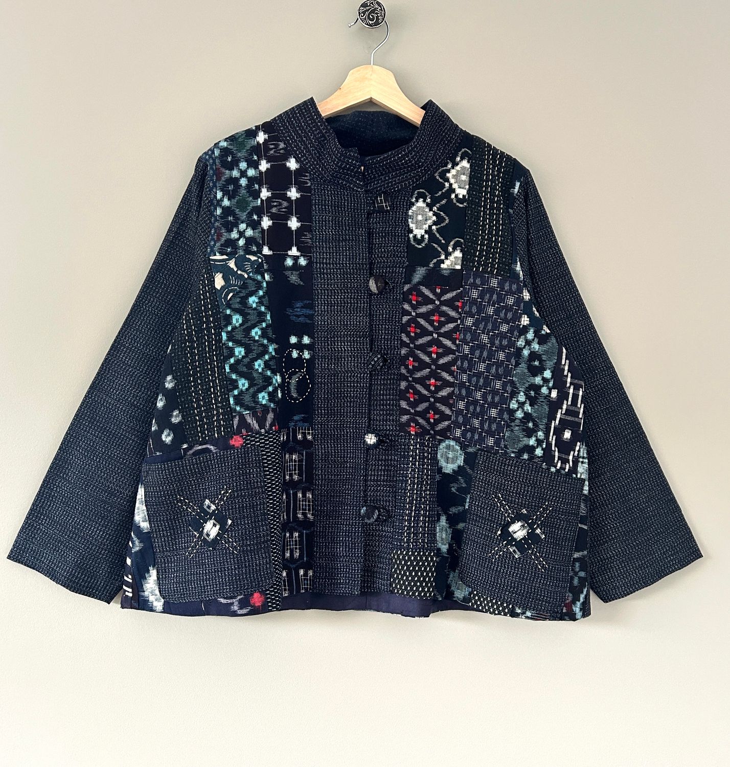 Vintage Kasuri Patchwork Jacket with Sashiko Stitching - Pine Motif