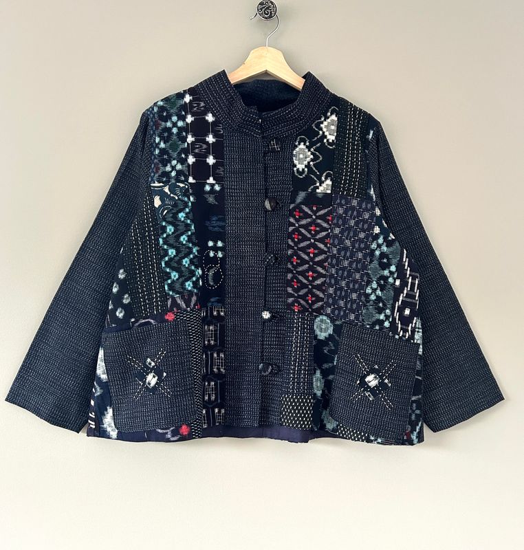 Vintage Kasuri Patchwork Jacket with Sashiko Stitching - Pine Motif