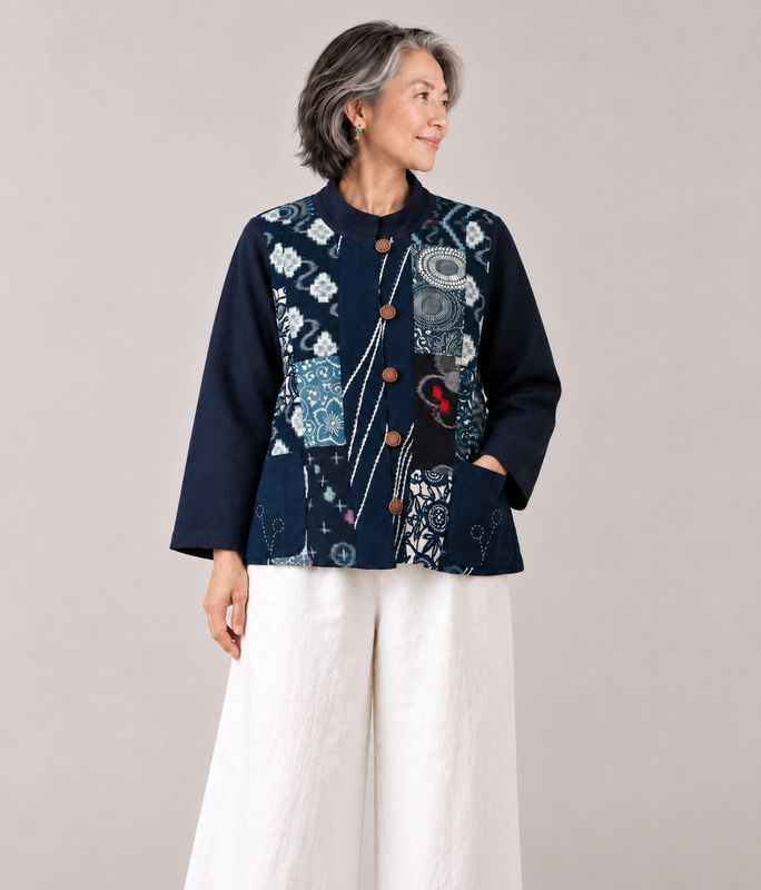 Vintage Kasuri Cotton Patchwork Jacket with Sashiko Stitching
