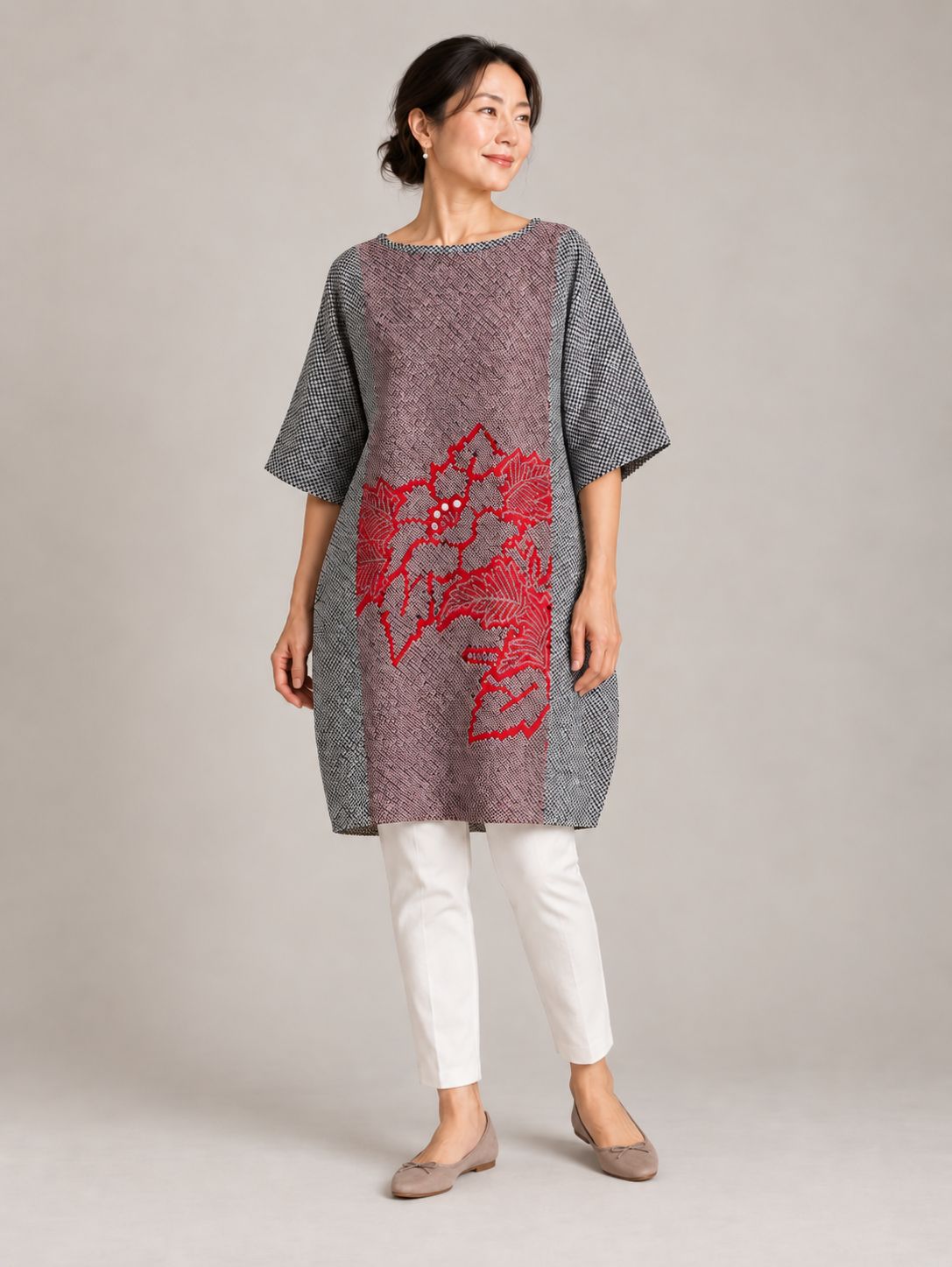 Shibori Silk Tunic/Dress  with Scarf/Sash - Crimson Leaf