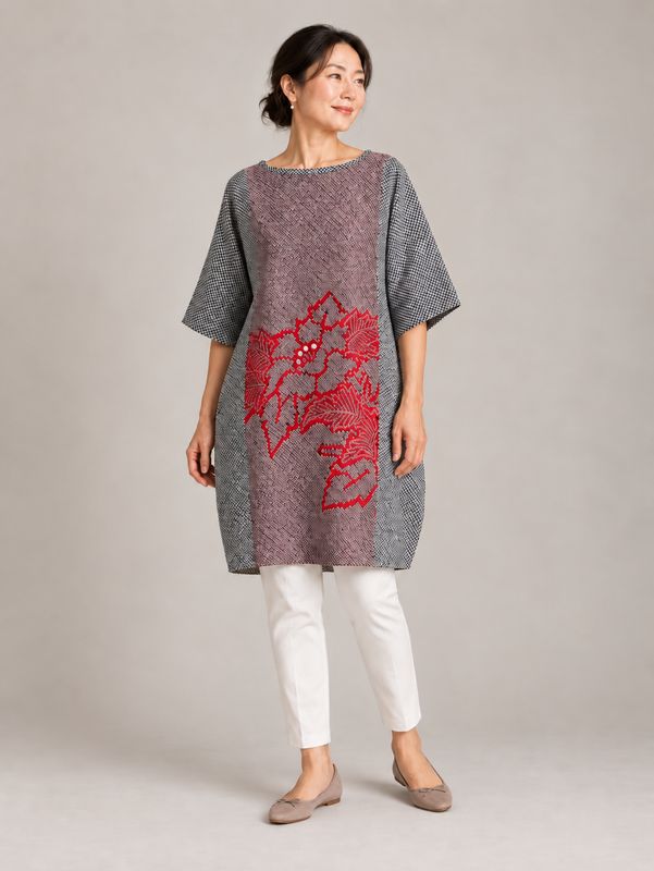Shibori Silk Tunic/Dress  with Scarf/Sash - Crimson Leaf