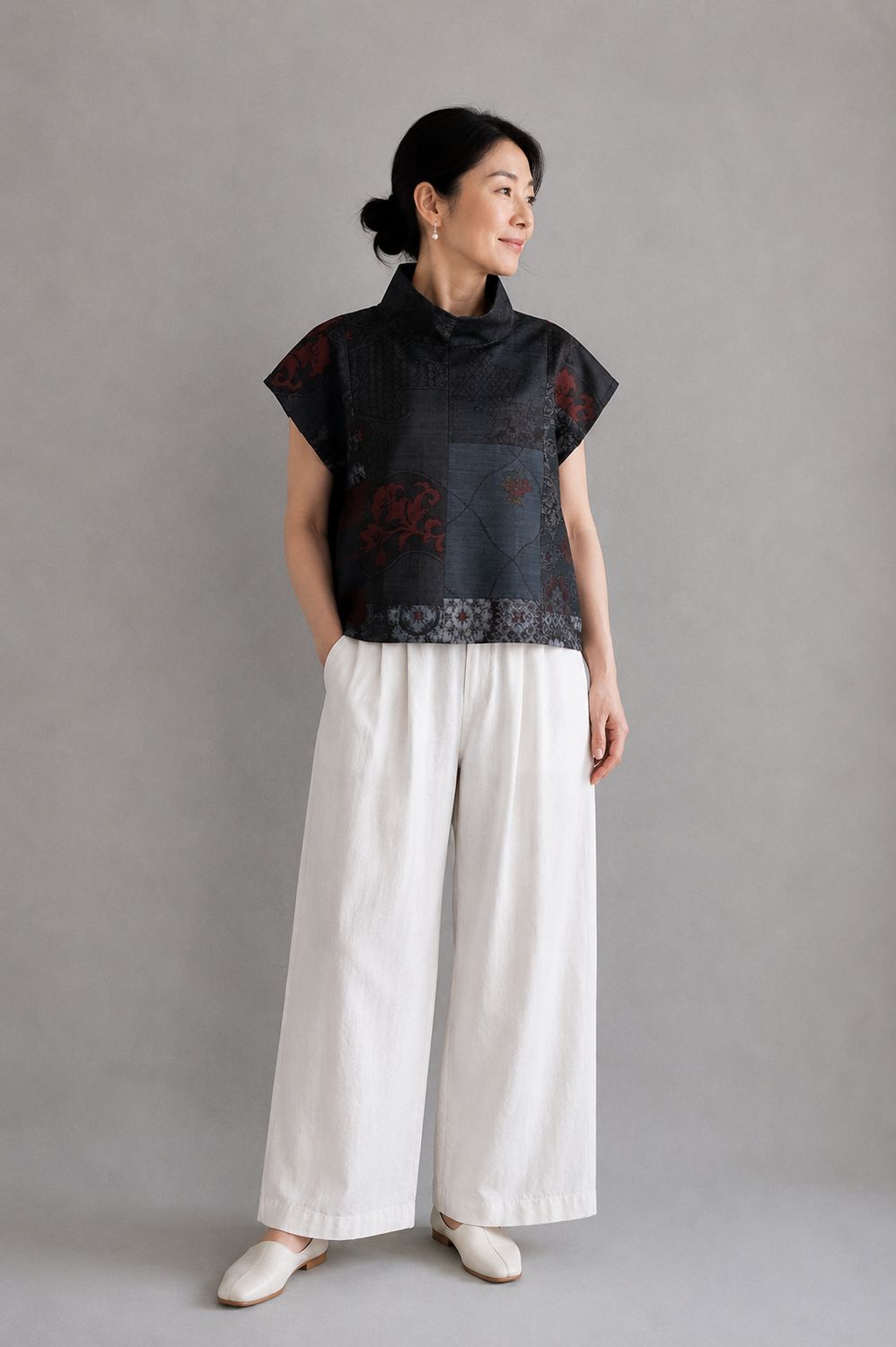 Upcycled Oshima Silk Patchwork High Neck Top