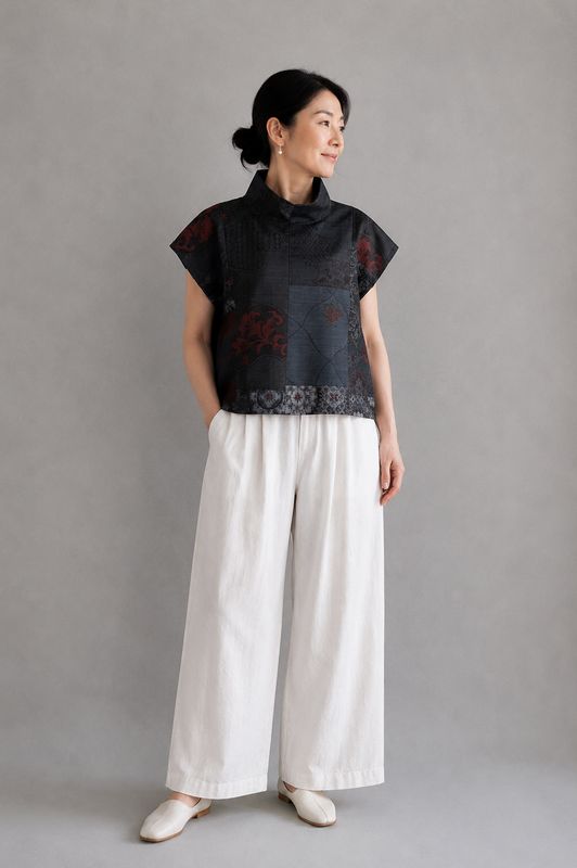 Upcycled Oshima Silk Patchwork High Neck Top