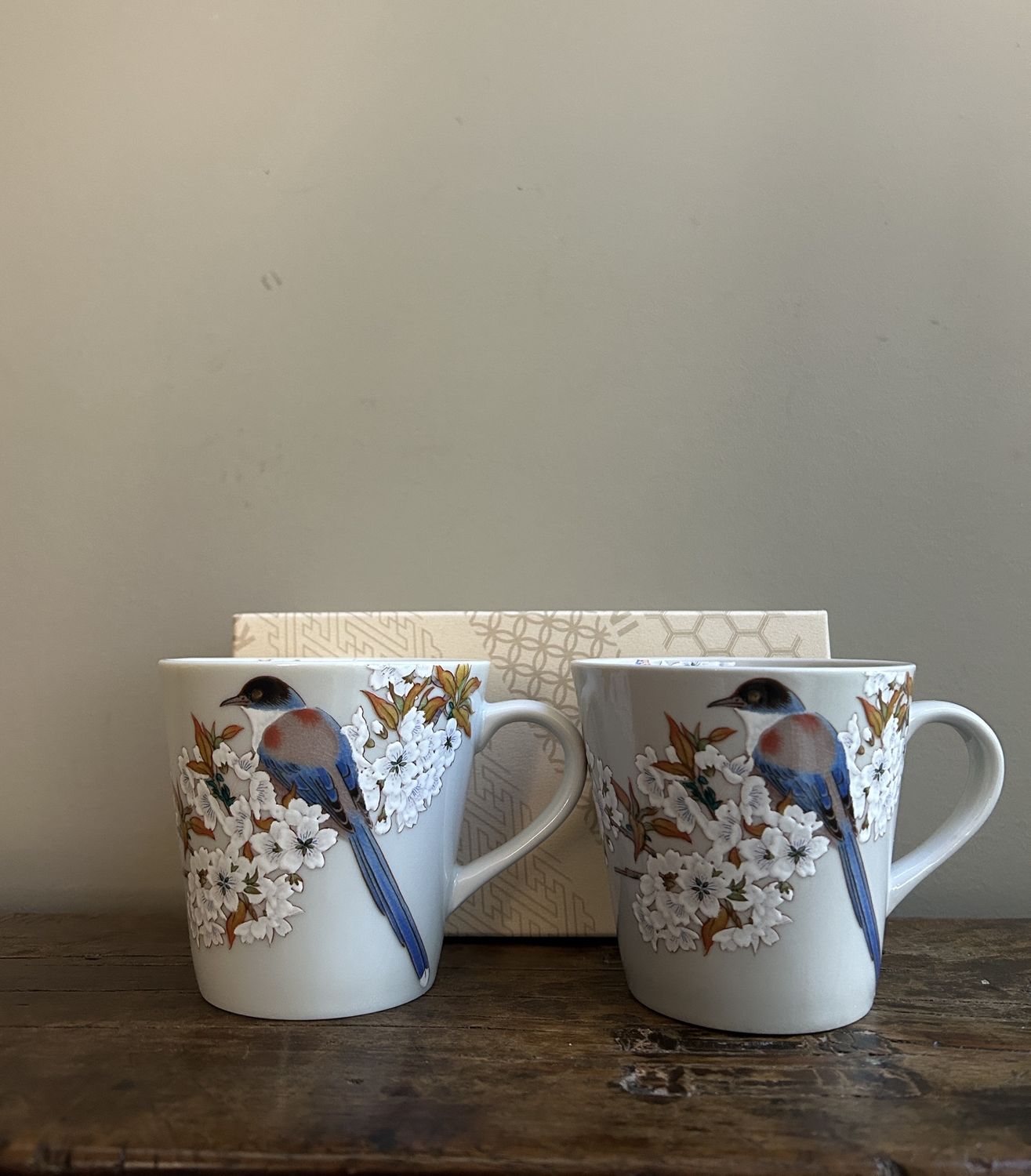 Kutani Ware Bluebird &amp;  Blossom Pair Mug Set