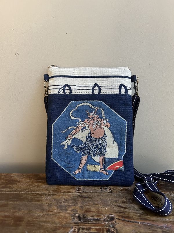 Indigo-dyed  Wind God Patchwork Mini Crossbody