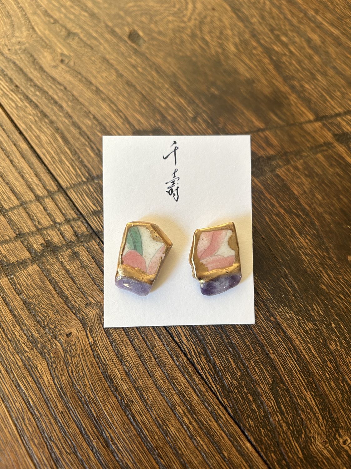 Kintsugi Earrings - Floral Ceramic &amp; Gem Stone