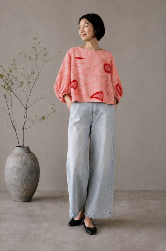 Shibori-Dyed Silk Blouse - Pink Geometric