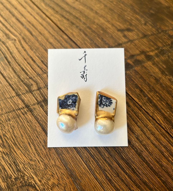 Kintsugi Earrings - Blue &amp; WhiteCeramic &amp; Freshwater Pearl