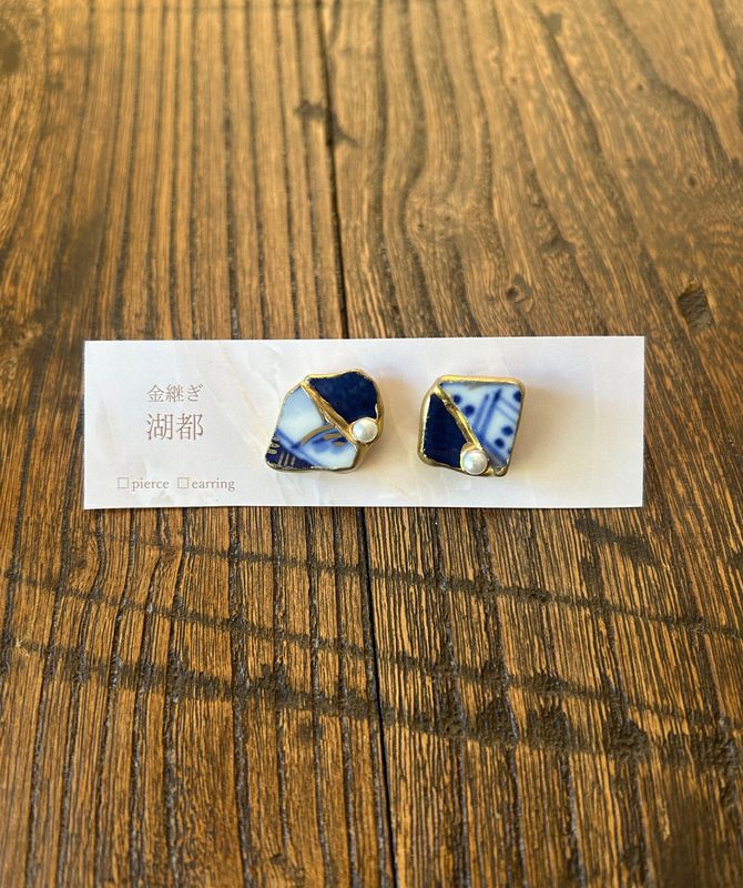 Kintsugi Earrings - Antique Imari Ware &amp; Cotton Pearl