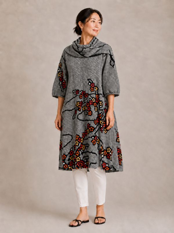 Shibori Silk Tunic with Sacarf/Sash - Orange Blossom Pattern