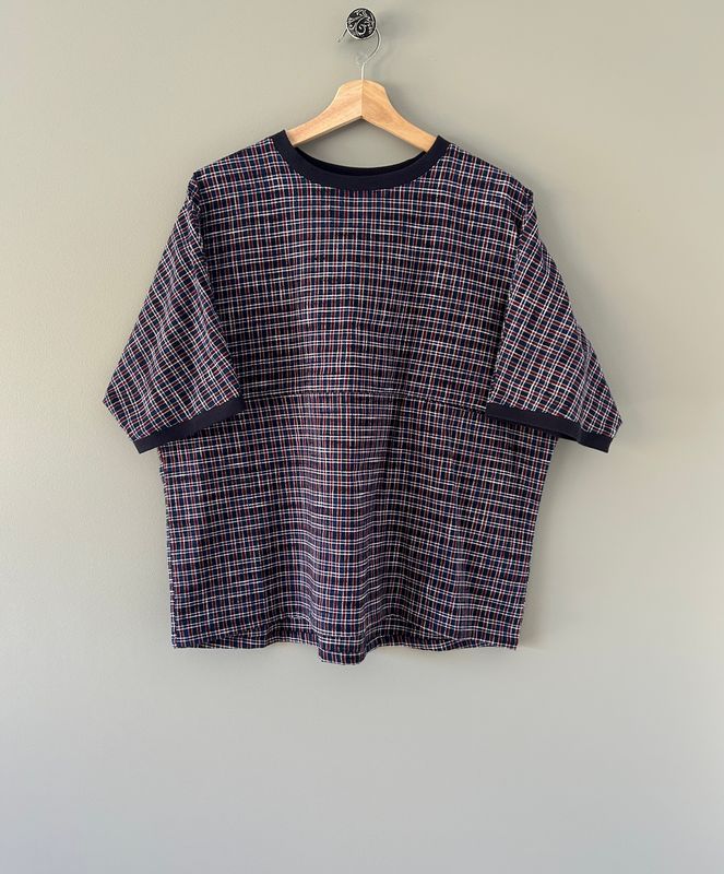 Giemon Kurume Kasuri Cotton Blouse  - Navy x Red