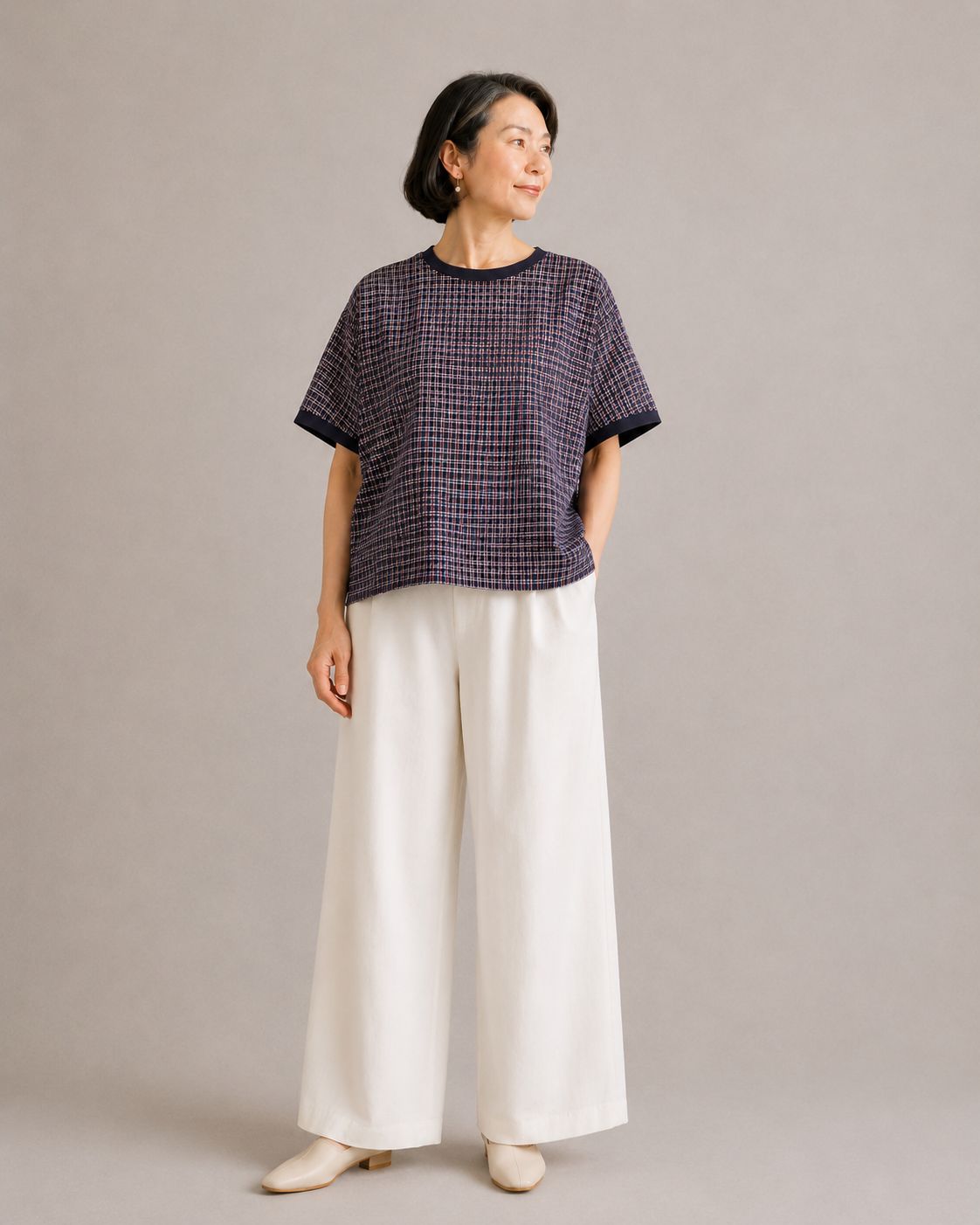 Giemon Kurume Kasuri Cotton Blouse  - Navy x Red