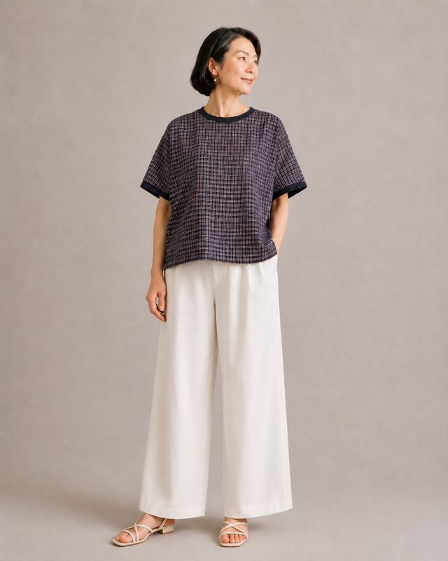 Giemon Kurume Kasuri Cotton Blouse  - Navy x Red
