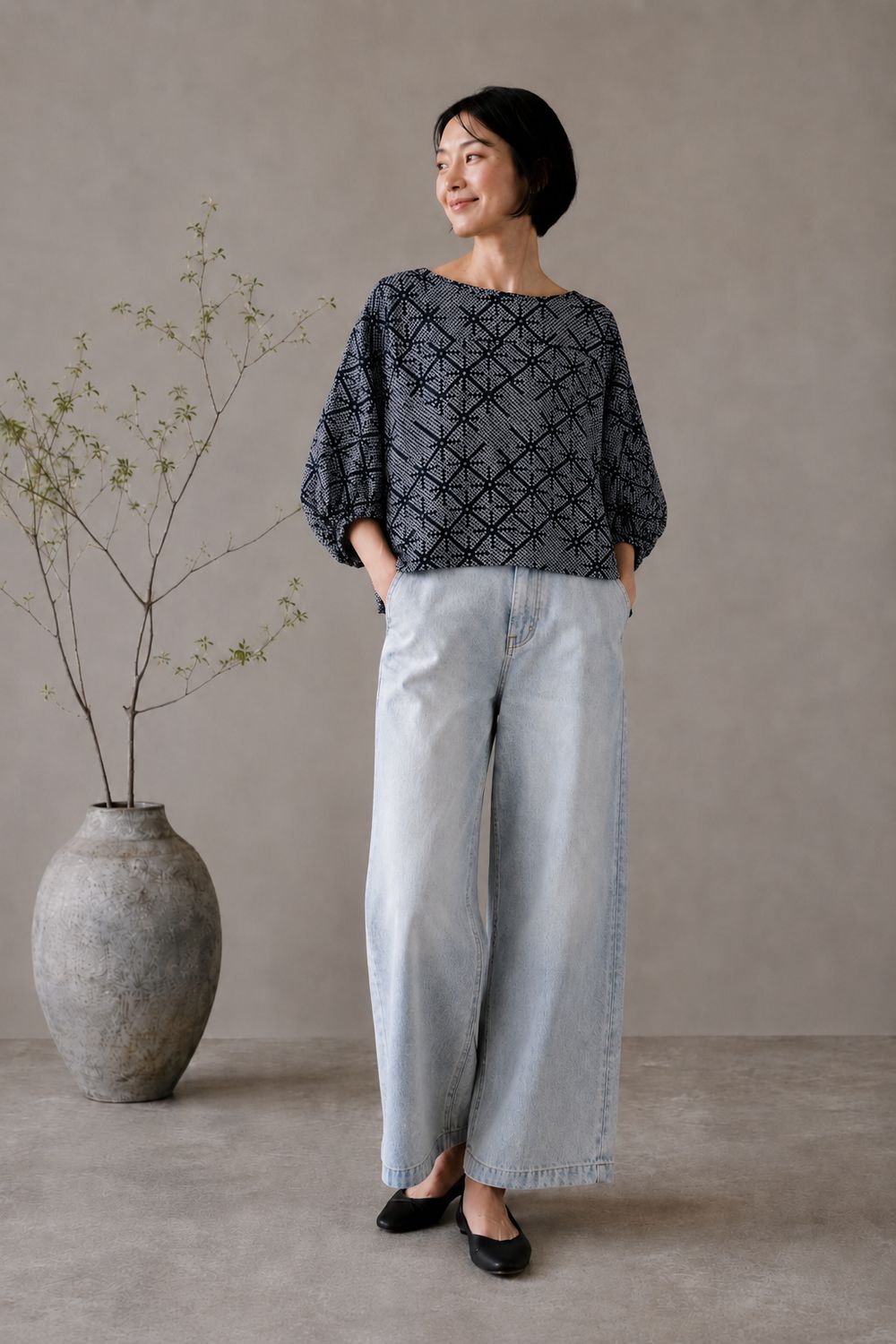 Shibori-Dyed Silk Blouse - Black Geometric