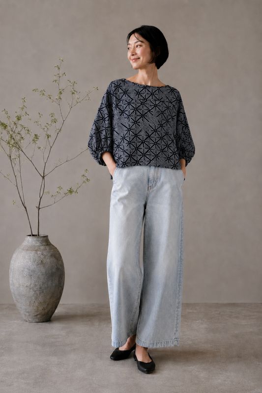 Shibori-Dyed Silk Blouse - Black Geometric