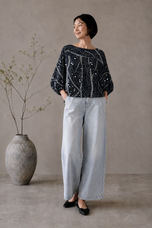 Shibori-Dyed Silk Blouse - Midnight Reeds