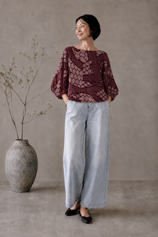 Shibri-Dyed Silk Blouse - Deep Burgundy Mosaic