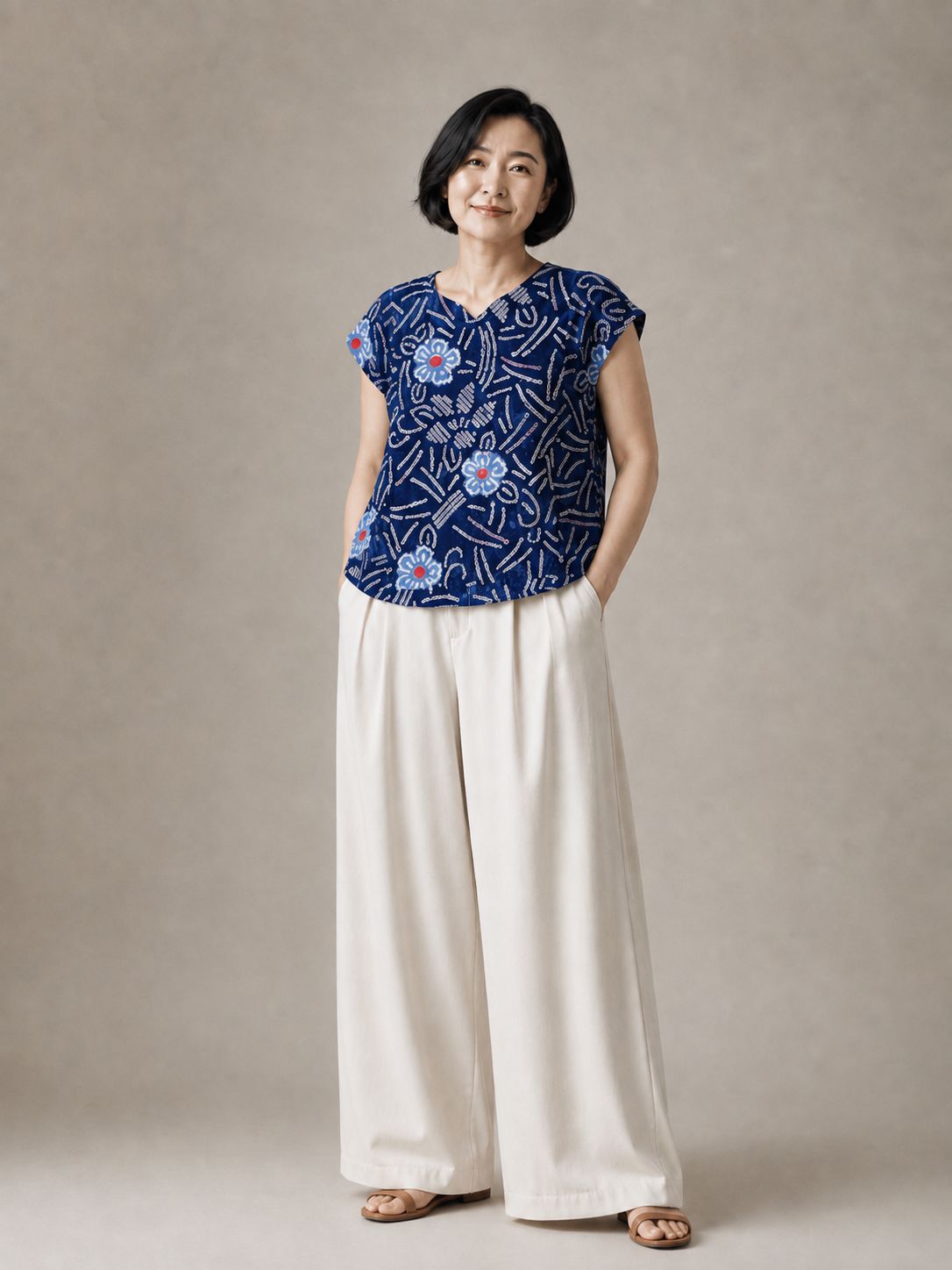Arimatsu Shibori-dyed  French Sleeve Cotton Blouse