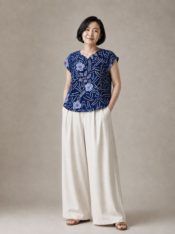 Arimatsu Shibori-dyed  French Sleeve Cotton Blouse