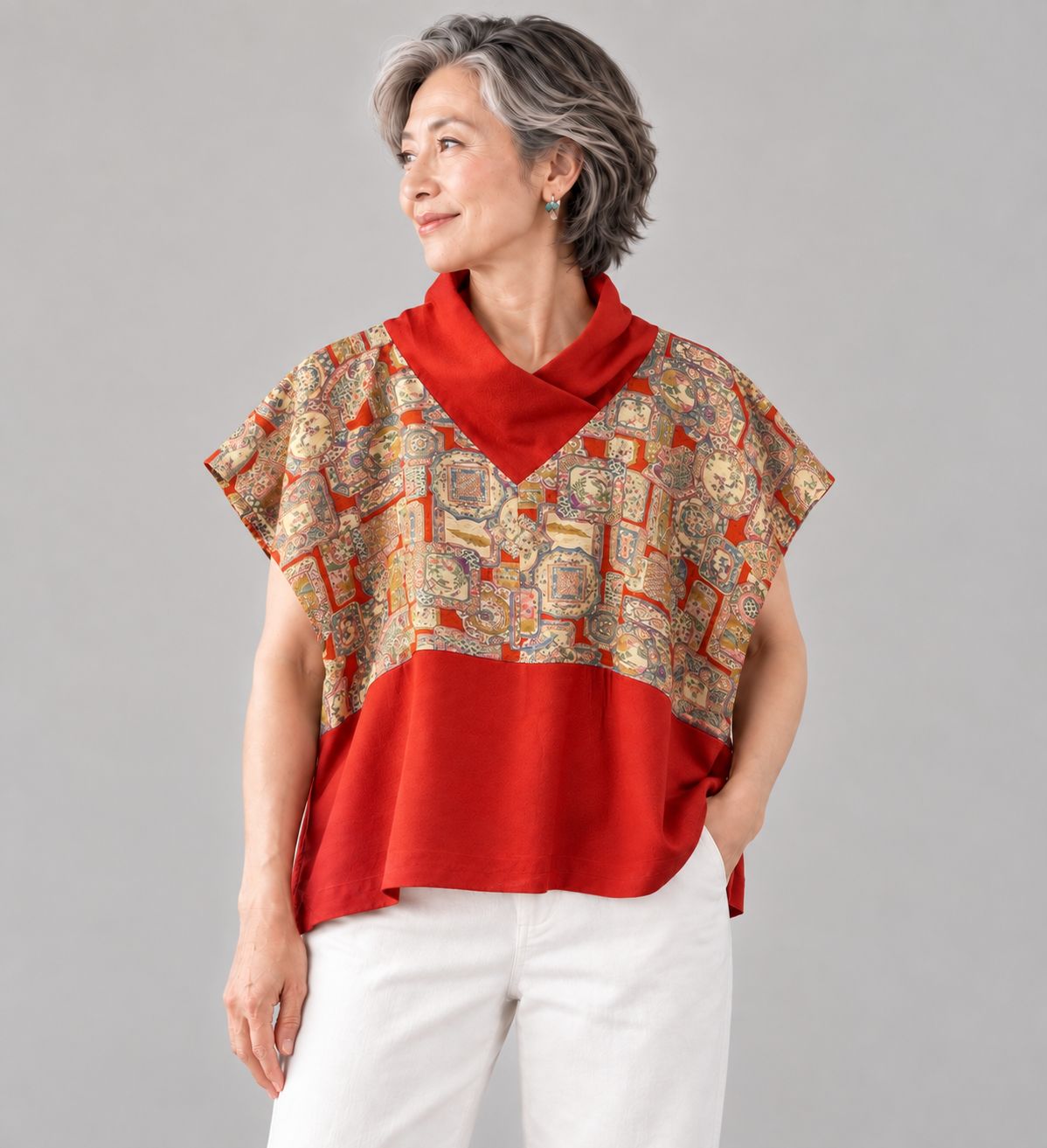 Upcycled Silk Kimono Blouse - Antique Medallion Pattern
