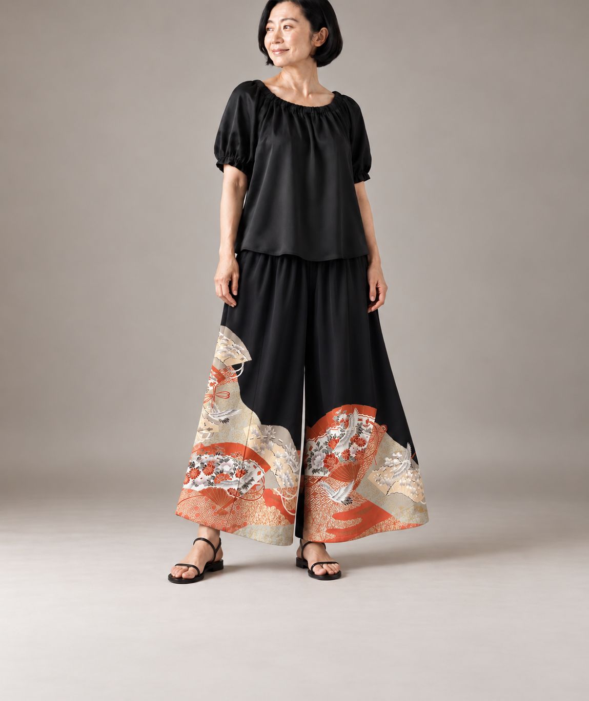 Upcycled Silk Kimono Pants - Crane &amp; Folding Fan Motif