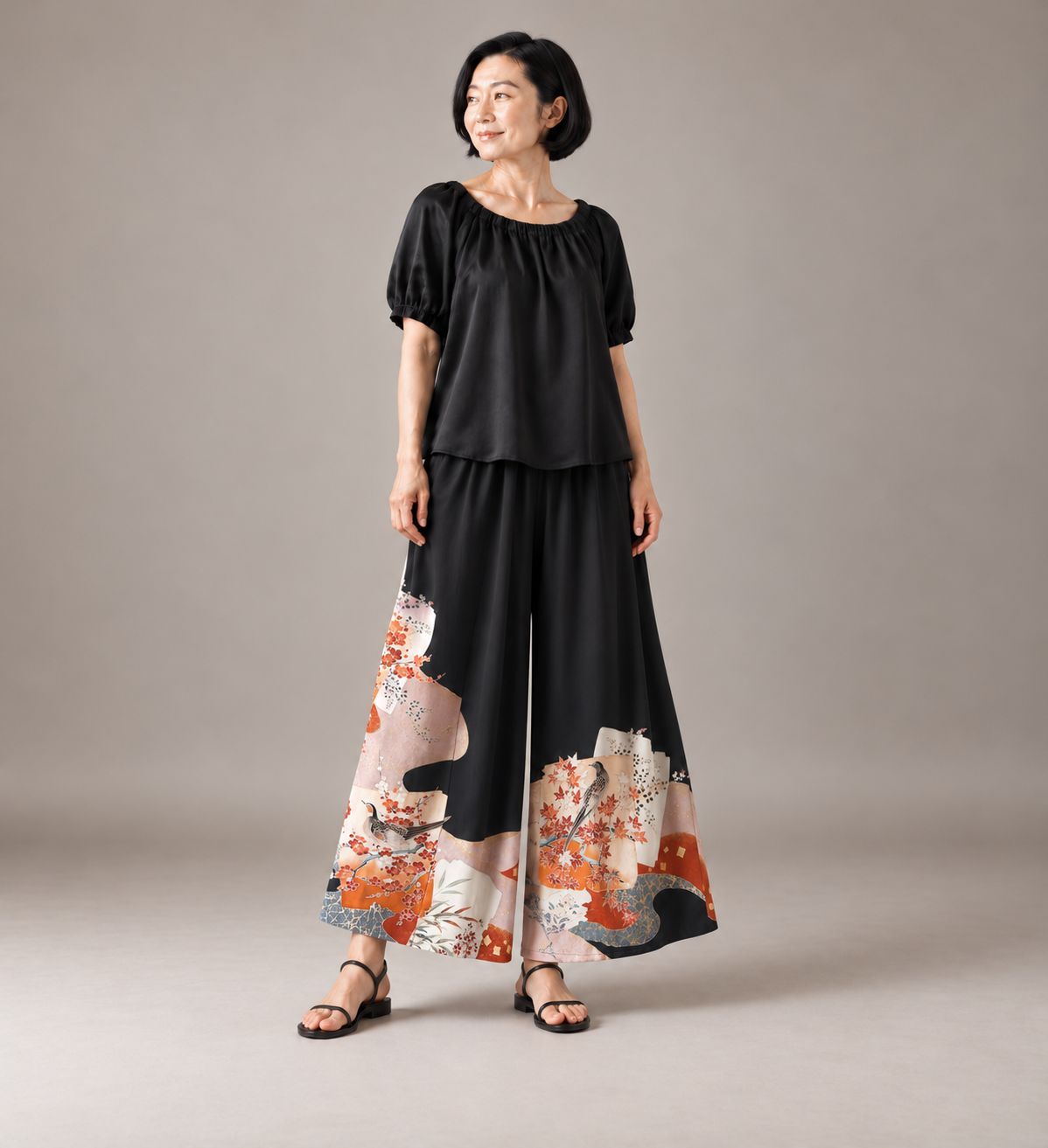 Upcycled Silk Kimono Pants - Autumn Birds &amp; Maple Leaves