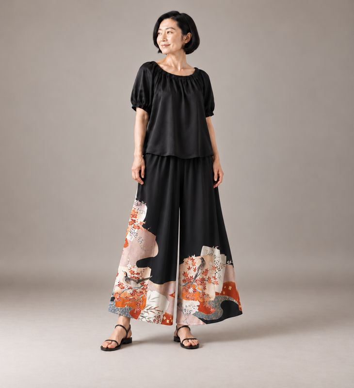 Upcycled Silk Kimono Pants - Autumn Birds &amp; Maple Leaves