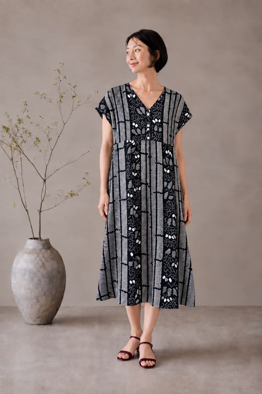 Shibori Dyed Silk Dress - Floral Stripe/Black