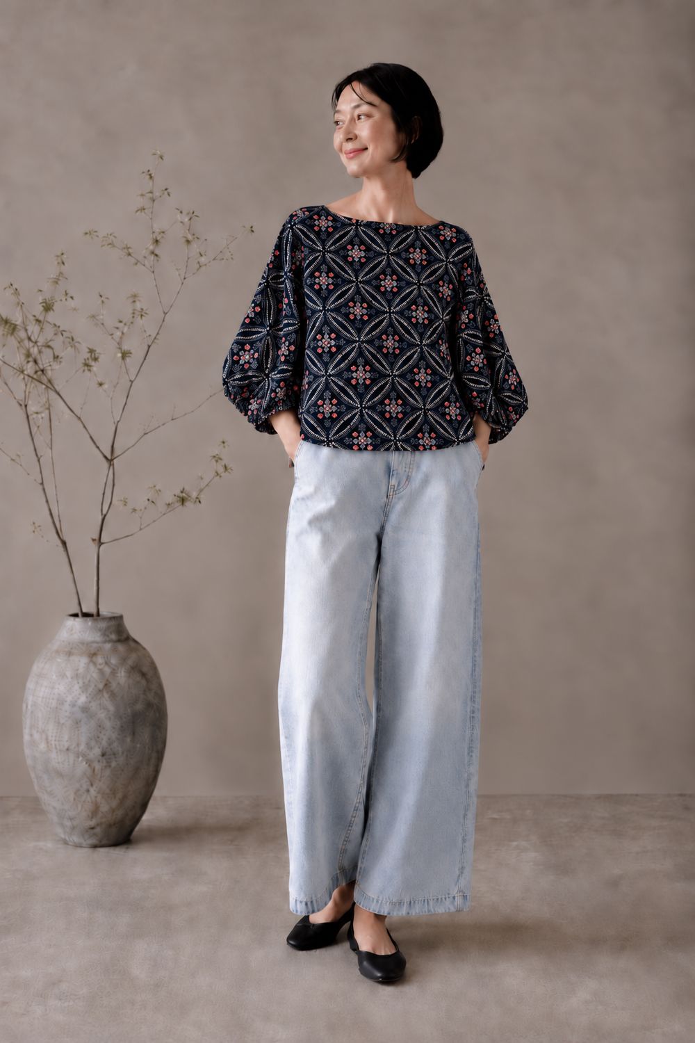 Shibori-Dyed Silk Blouse - Black &amp; Pink Geometric