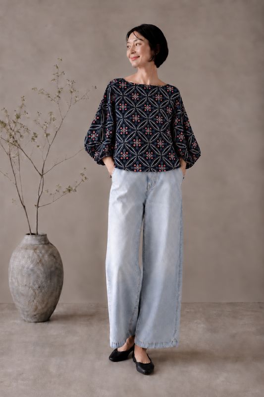 Shibori-Dyed Silk Blouse - Black &amp; Pink Geometric