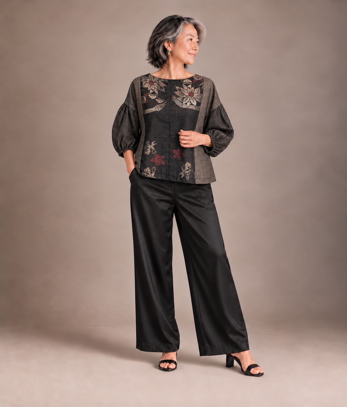 Vintage Mud Oshima Silk Blouse - Charcoal Floral
