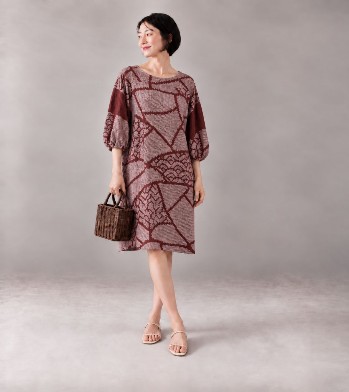 Upcycled Silk Shibori-dyed Tunic/Dress - Reddish Brown