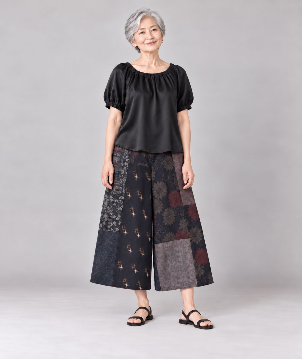 Upcycled Kimono Silk Patchwork Culottes - Midnight Chrysanthemum