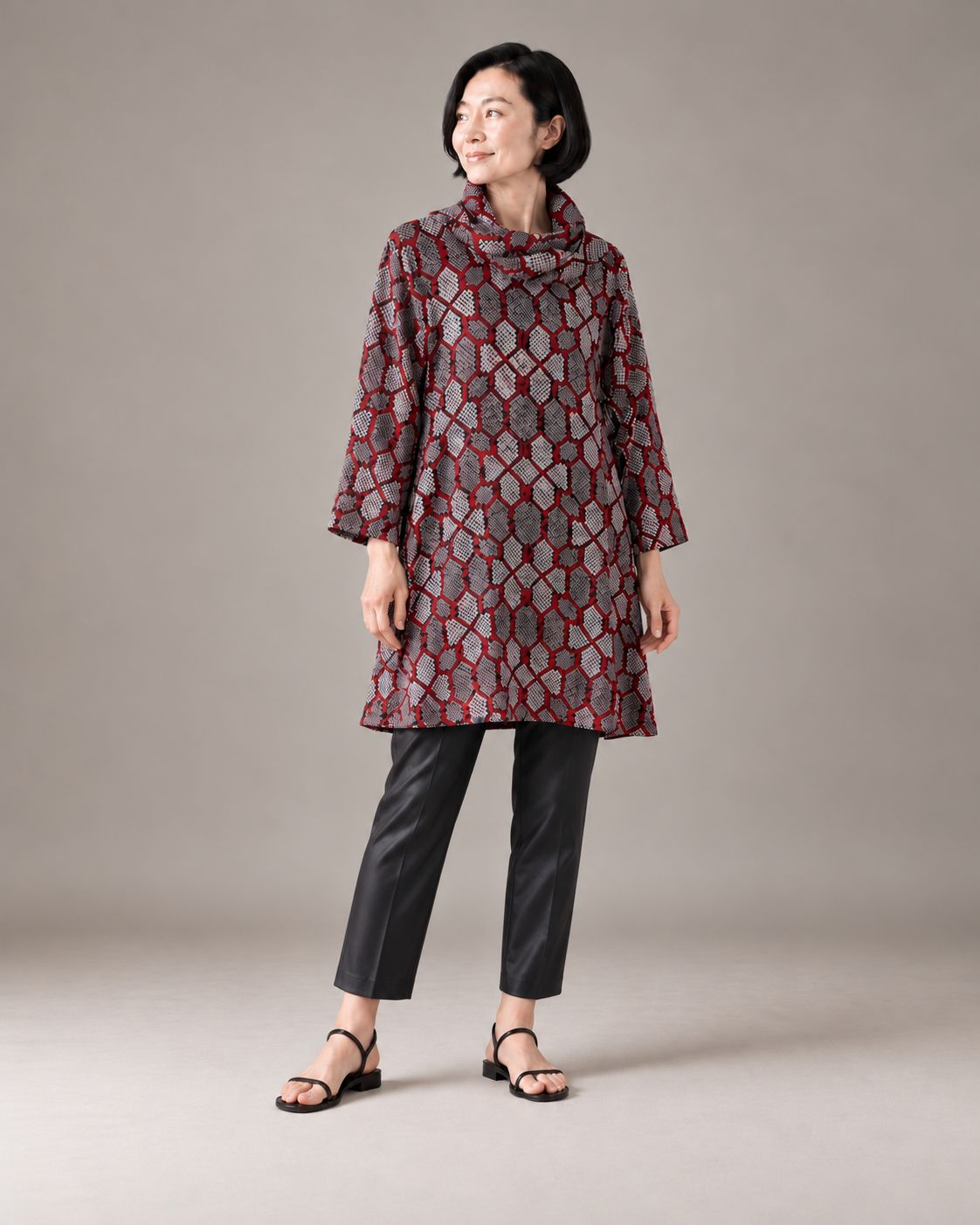 Shibori Silk Tunic with Scarf &amp; Brooch – Deep Burgundy Mosaic