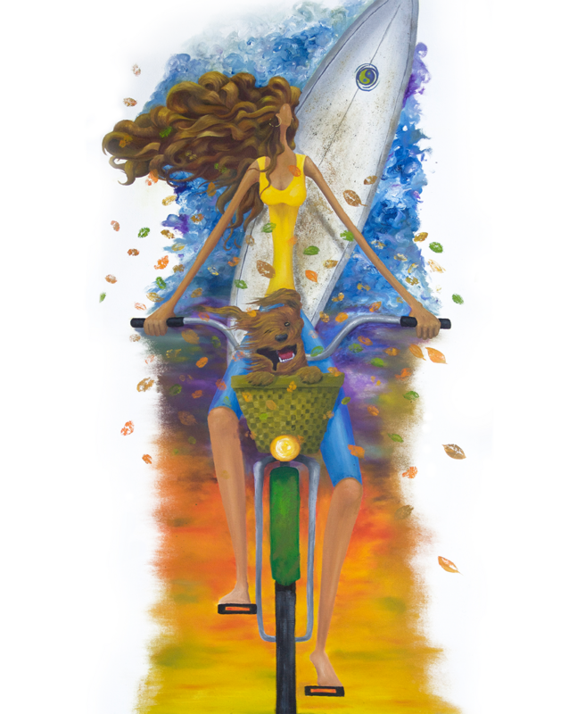 Surf girl on bike and a dog - Costa Rica Art 16 x 20&quot;