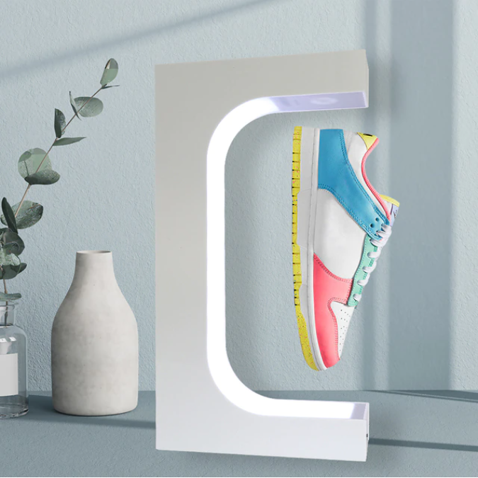 European warehouse Levitating Shoe Display Floating Sneaker Stand with LED Light 360 Degree Rotation shopping mall Shoe Display