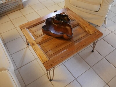 Table basse &quot;fenêtre en bois flotté&quot; avec Hairpin Legs - Upcycling / Driftwood