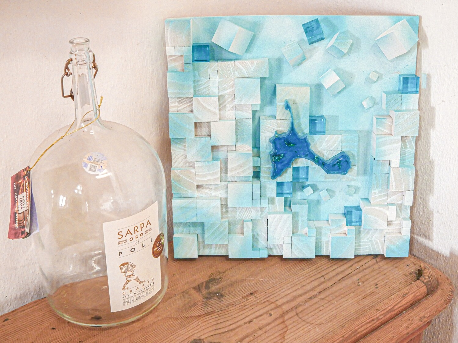 3D painted wooden cubes - &quot;Inception&quot; - solid pine and epoxy resin - 30 x 30 x 4 cm