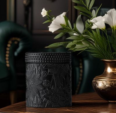Floral Matte Black Glass with Glass Lid  - 11 oz