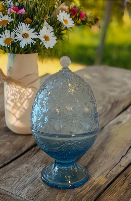 Vintage Pressed Glass Blue Egg Vessel Candle - 12 oz
